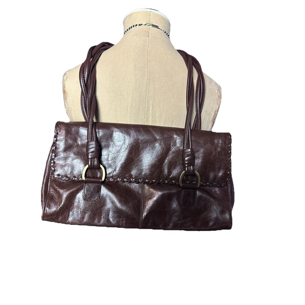 WORTHINGTON SHOULDER HANDBAG PURSE, SNAP, LEATHER, BROWN Cross Stitching